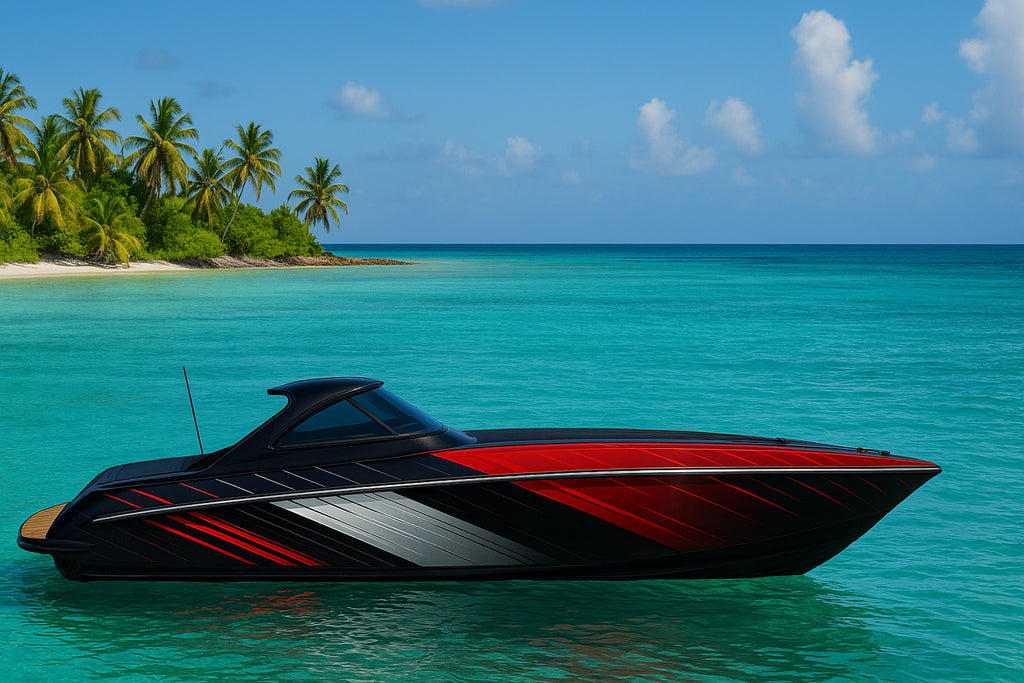 Red Velocity Boat Wrap – Modern Racing Stripe Vinyl Wrap – Marine Grade Boat Decal – Custom Full Side Wrap – Red Black Silver Speed Design vb031