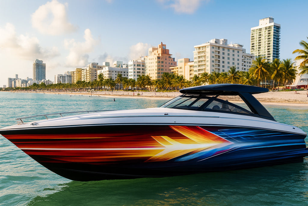 Solar Motion Boat Wrap – Dynamic Red Blue Gradient Vinyl Wrap – Marine Grade Boat Decal – Custom Full Side Wrap – High Energy Racing Design vb032