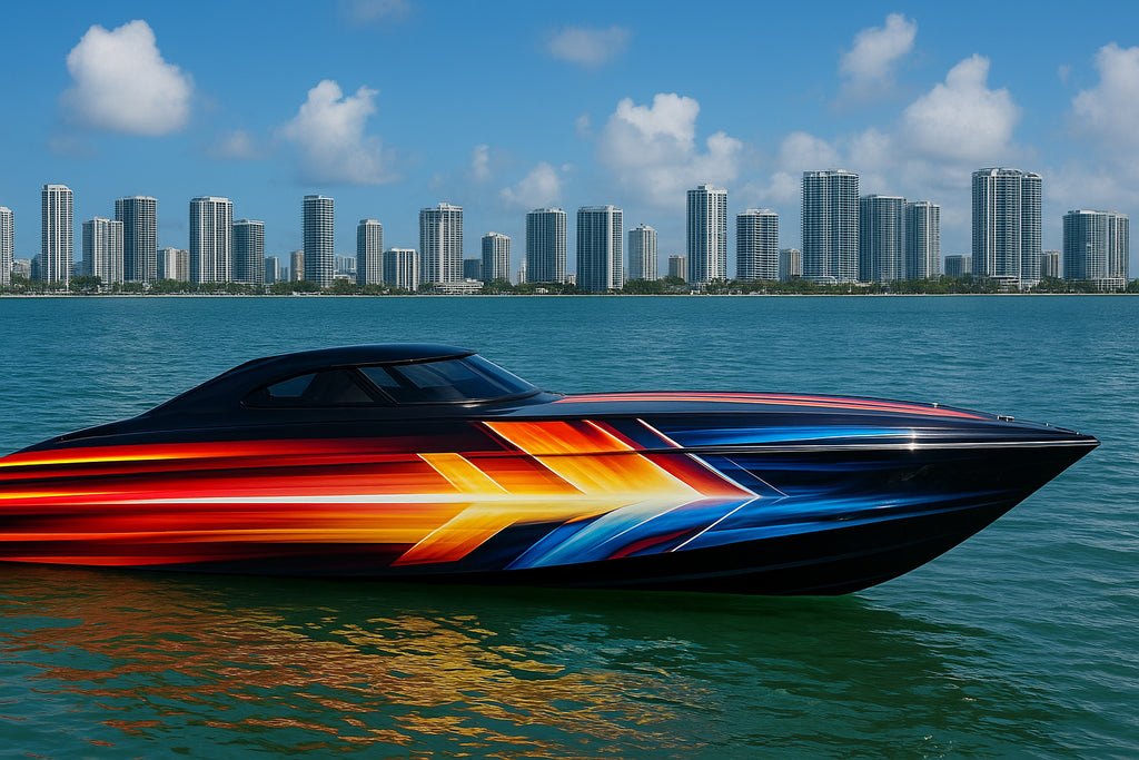 Solar Motion Boat Wrap – Dynamic Red Blue Gradient Vinyl Wrap – Marine Grade Boat Decal – Custom Full Side Wrap – High Energy Racing Design vb032