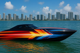 Solar Motion Boat Wrap – Dynamic Red Blue Gradient Vinyl Wrap – Marine Grade Boat Decal – Custom Full Side Wrap – High Energy Racing Design vb032