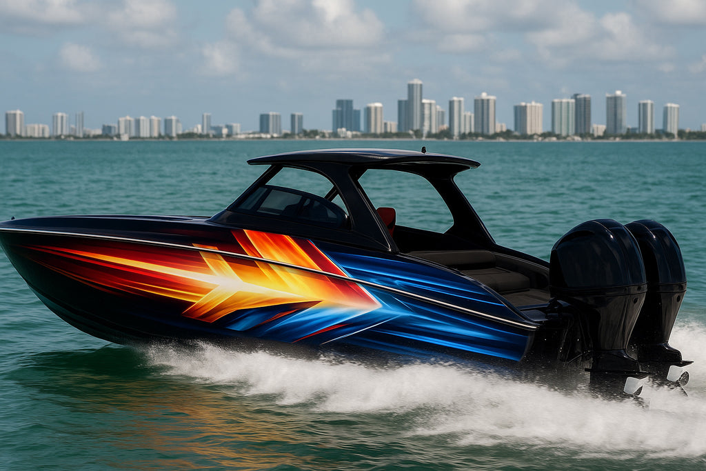 Solar Motion Boat Wrap – Dynamic Red Blue Gradient Vinyl Wrap – Marine Grade Boat Decal – Custom Full Side Wrap – High Energy Racing Design vb032