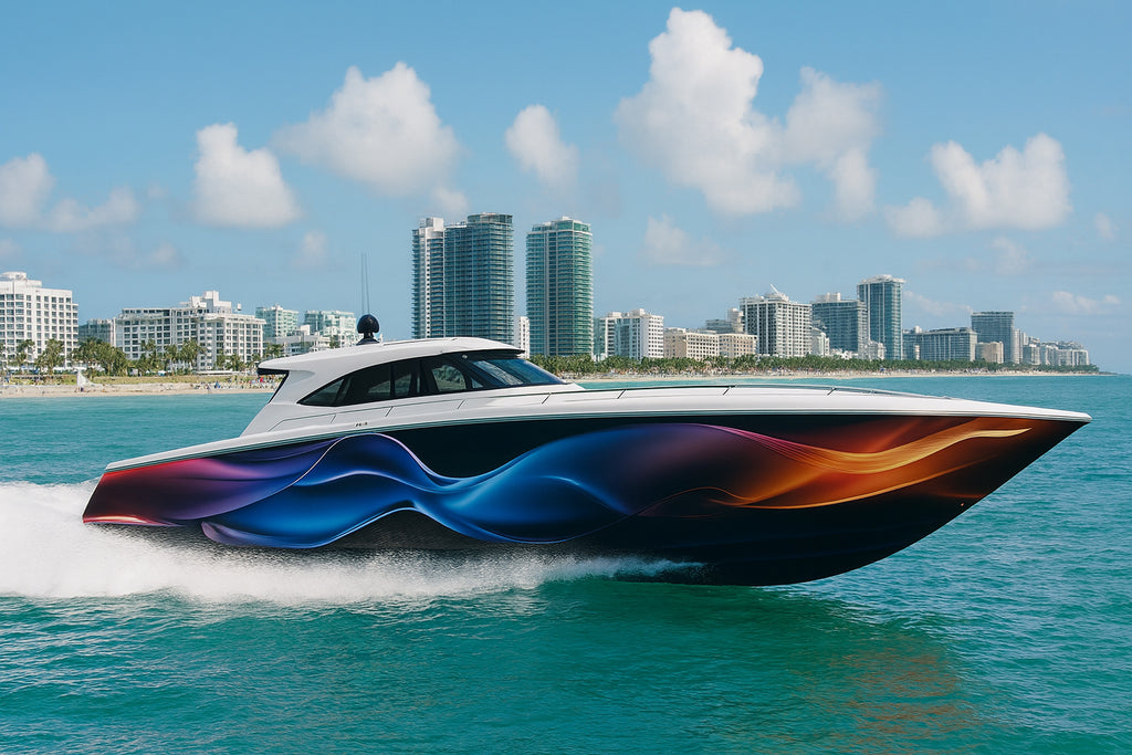 Neon Wave Boat Wrap – Electric Blue Orange Gradient Vinyl Wrap – Marine Grade Full Side Boat Decal – Custom High-Gloss Wrap – Fluid Motion Design vb033