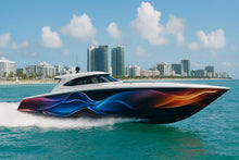 Load image into Gallery viewer, Neon Wave Boat Wrap – Electric Blue Orange Gradient Vinyl Wrap – Marine Grade Full Side Boat Decal – Custom High-Gloss Wrap – Fluid Motion Design vb033