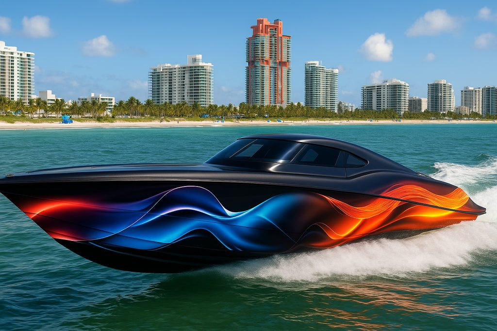 Neon Wave Boat Wrap – Electric Blue Orange Gradient Vinyl Wrap – Marine Grade Full Side Boat Decal – Custom High-Gloss Wrap – Fluid Motion Design vb033