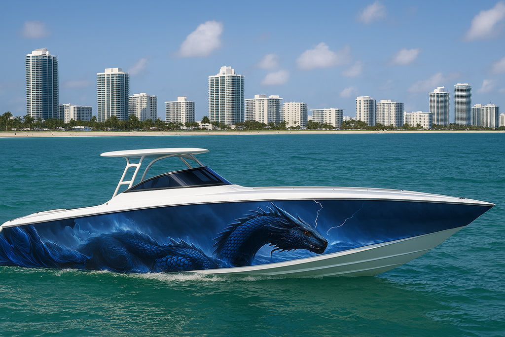 Storm Dragon Boat Wrap – Blue Lightning Dragon Vinyl Wrap – Marine Grade Boat Decal – Fantasy Ocean Beast Design – Full Side Custom Marine Wrap vb034