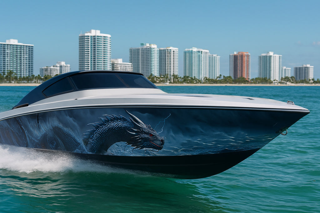 Storm Dragon Boat Wrap – Blue Lightning Dragon Vinyl Wrap – Marine Grade Boat Decal – Fantasy Ocean Beast Design – Full Side Custom Marine Wrap vb034