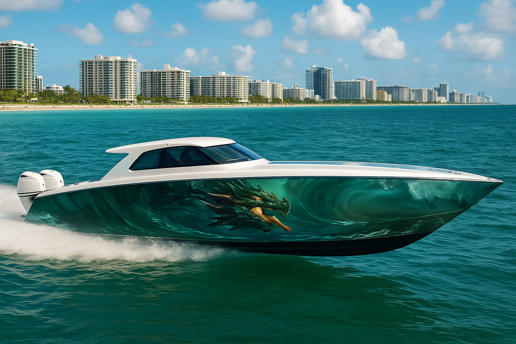 Emerald Sea Dragon Boat Wrap – Green Ocean Dragon Vinyl Wrap – Marine Grade Full Side Decal – Mythic Sea Creature Design – Custom High-Gloss Boat Wrap vb035