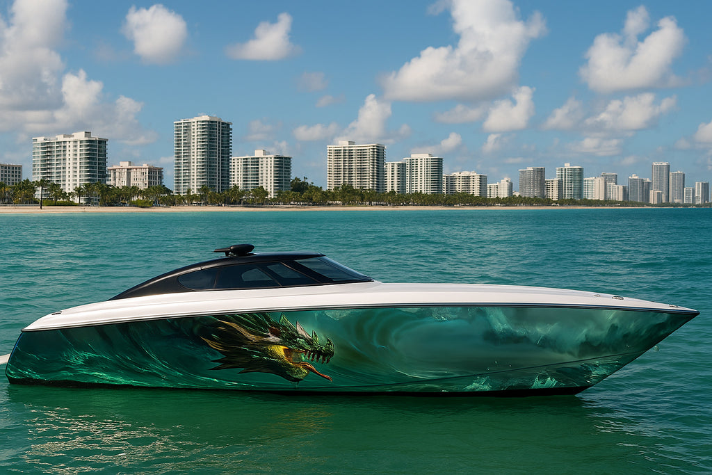 Emerald Sea Dragon Boat Wrap – Green Ocean Dragon Vinyl Wrap – Marine Grade Full Side Decal – Mythic Sea Creature Design – Custom High-Gloss Boat Wrap vb035