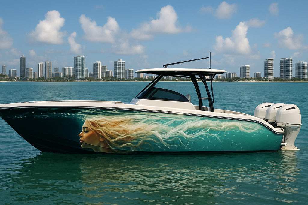 Ocean Goddess Boat Wrap – Aqua Blonde Mermaid Vinyl Wrap – Marine Grade Full Side Boat Decal – Fantasy Ocean Art Design – Custom High-Gloss Vinyl Wrap vb036