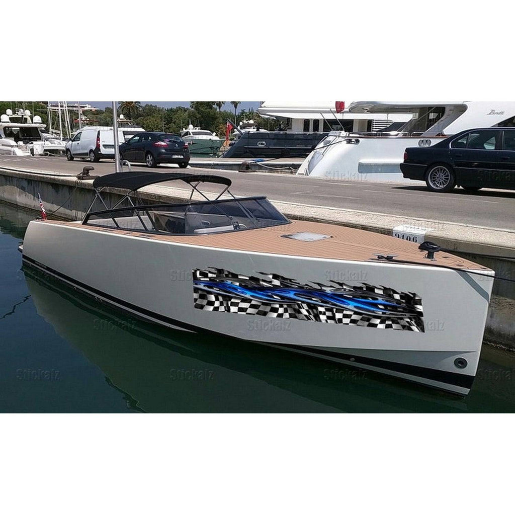 Boat Racing Decal Racing Flag Sticker Ripped Metal Checkered Flag Boat Full Color Vinyl ...