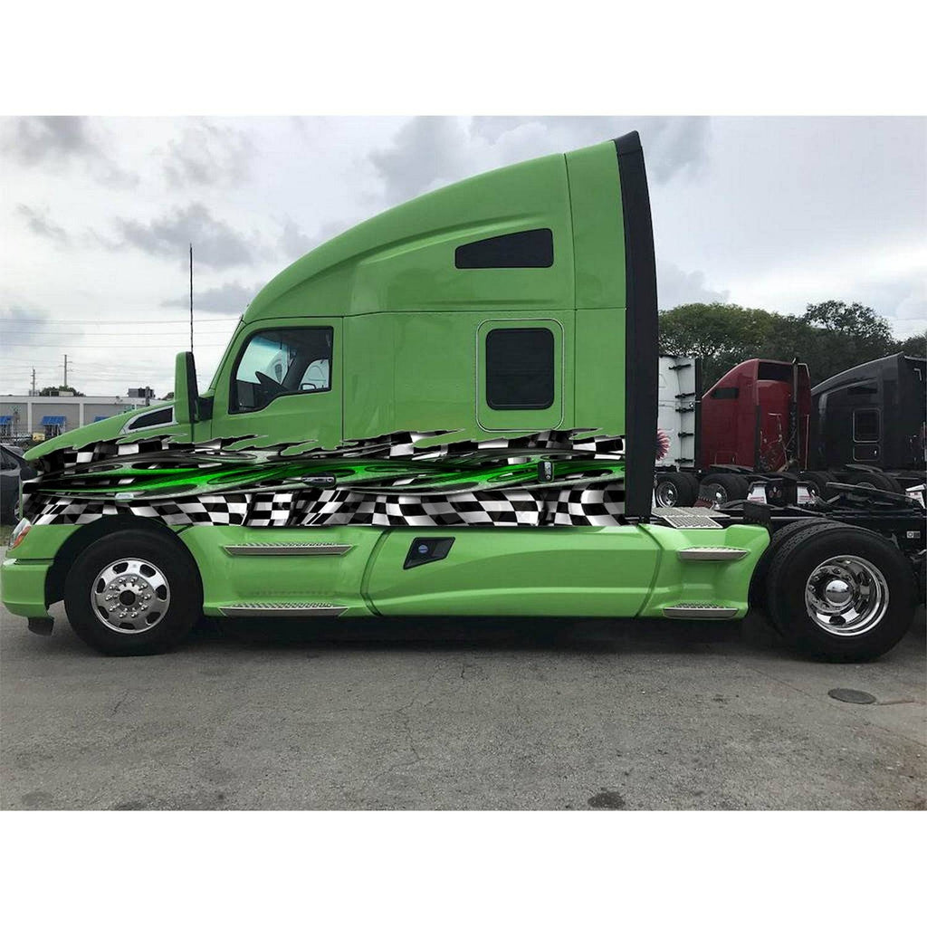 Green Checkered Flag Truck Graphics, Green Checkered Flag Truck Side Full Color Vinyl Sticker, Green Racing Flag Truck Vinyl Side Graphics, Green Flag Car Sticker