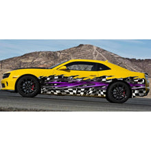 Load image into Gallery viewer, Purple 3D Tribal Checkered Flag Car Wrap, Tribal Checkered Flag Car Decal, Tribal Checkered Car Sticker, Tribal Checkered Car Graphics, 3D Tribal Checkered Flag Racing Stripes Vinyl Decal