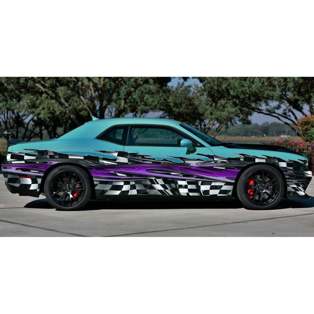 Purple 3D Tribal Checkered Flag Car Wrap, Tribal Checkered Flag Car Decal, Tribal Checkered Car Sticker, Tribal Checkered Car Graphics, 3D Tribal Checkered Flag Racing Stripes Vinyl Decal