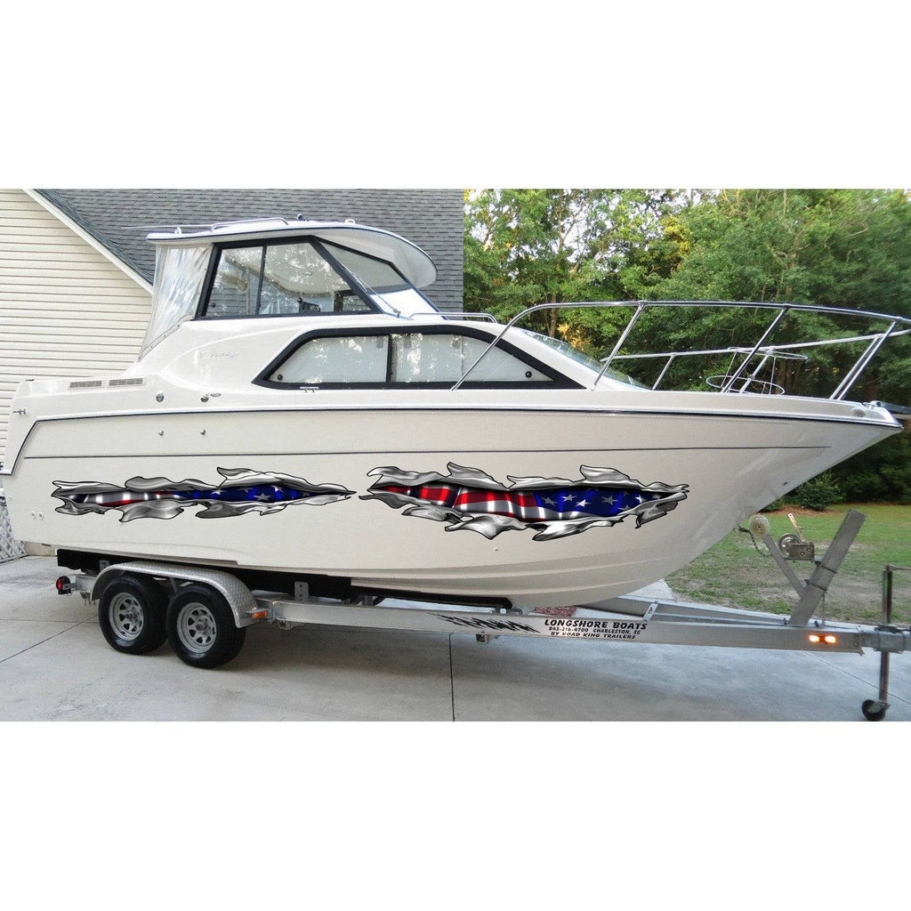Ripped Metal USA Flag Wrap, US Flag Boat Vinyl, US Flag Watercraft Graphics Full Color