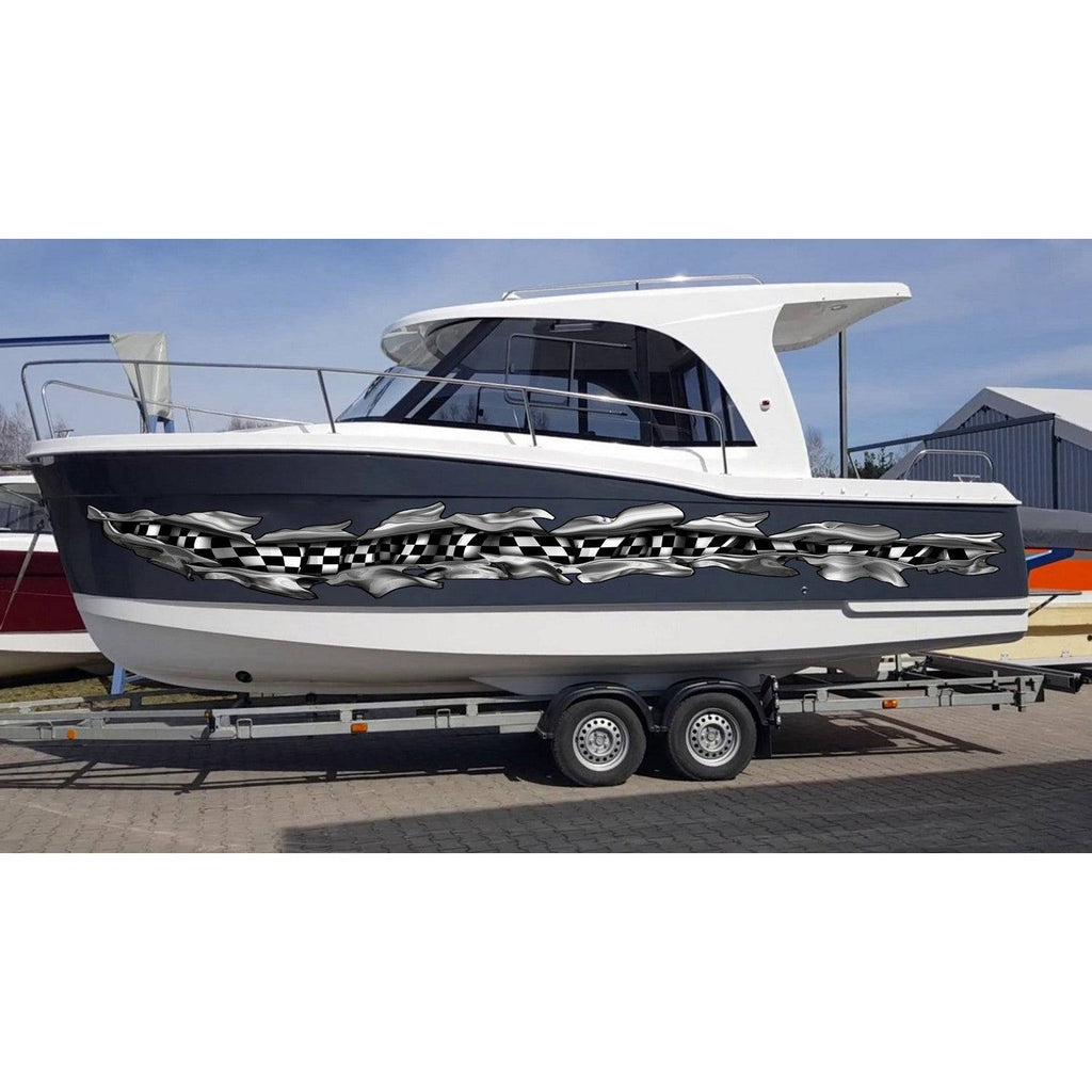 Ripped Metal Checkered Flag Boat Graphics, Ripped Metal Checkered Flag Boat Decal, Ripped Metal Checkered Flag Boat Sticker, Checkered Flag Boat Vinyl Graphics