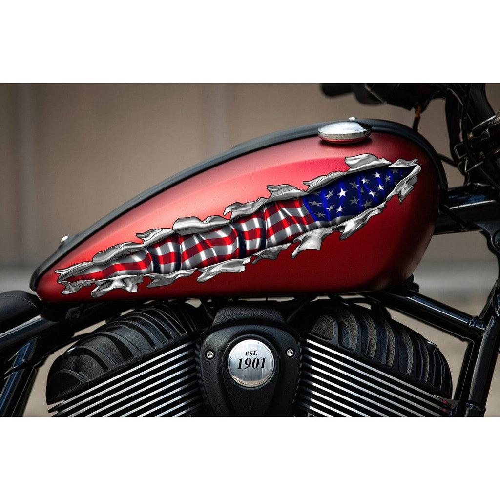 Ripped Metal USA Flag Bike Decal, USA Flag Chopper Vinyl Graphics, USA Flag Crotch Rocket Sticker, USA Flag Motorcycle Vinyl Decal